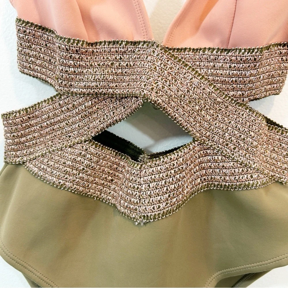 Chic Pink and Green One-Piece Saddle-Stitch Cutout Detail Swimsuit Size 10